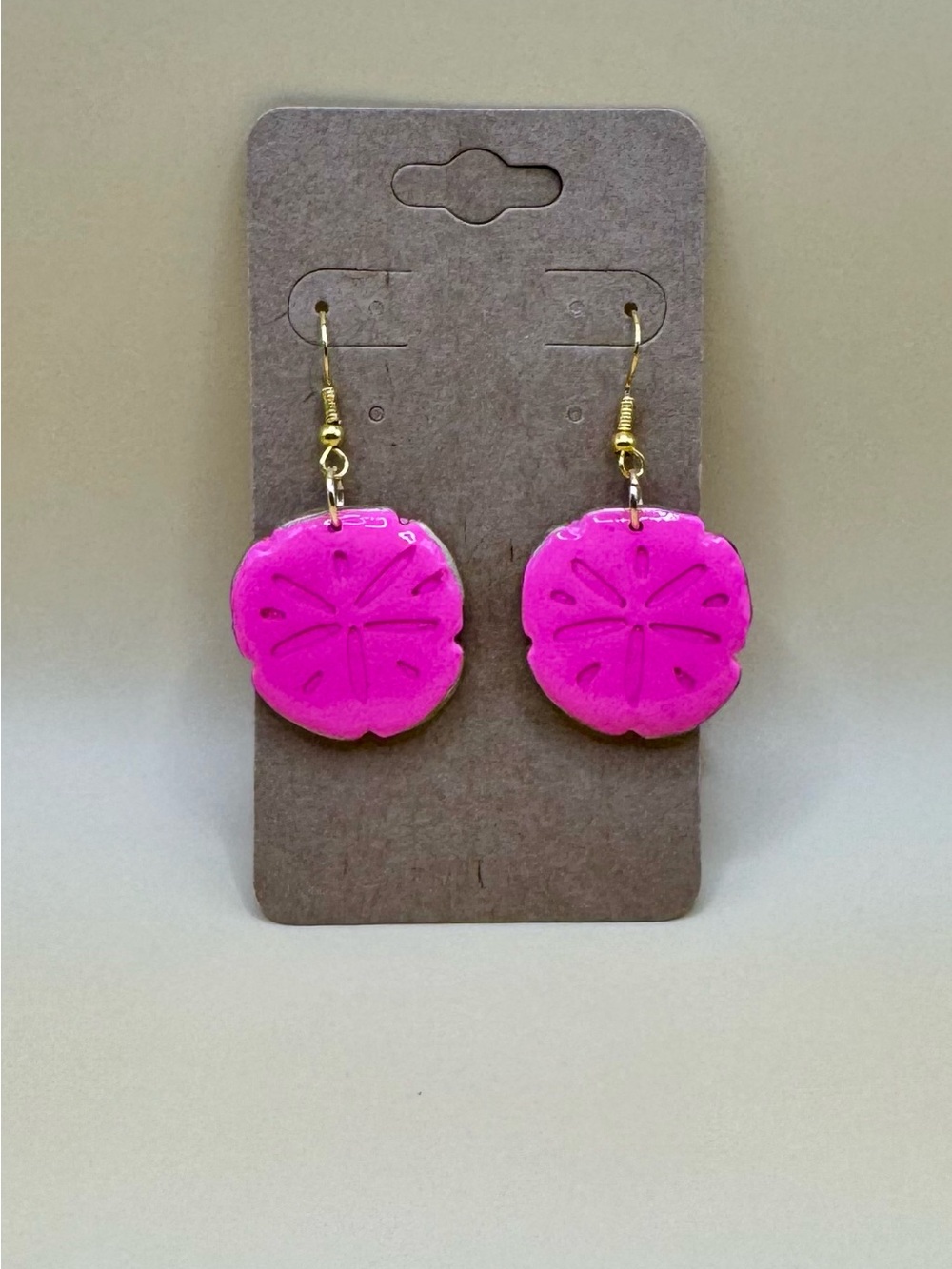 Bright Pink Sand Dollar Drop Earrings with Gold Hooks